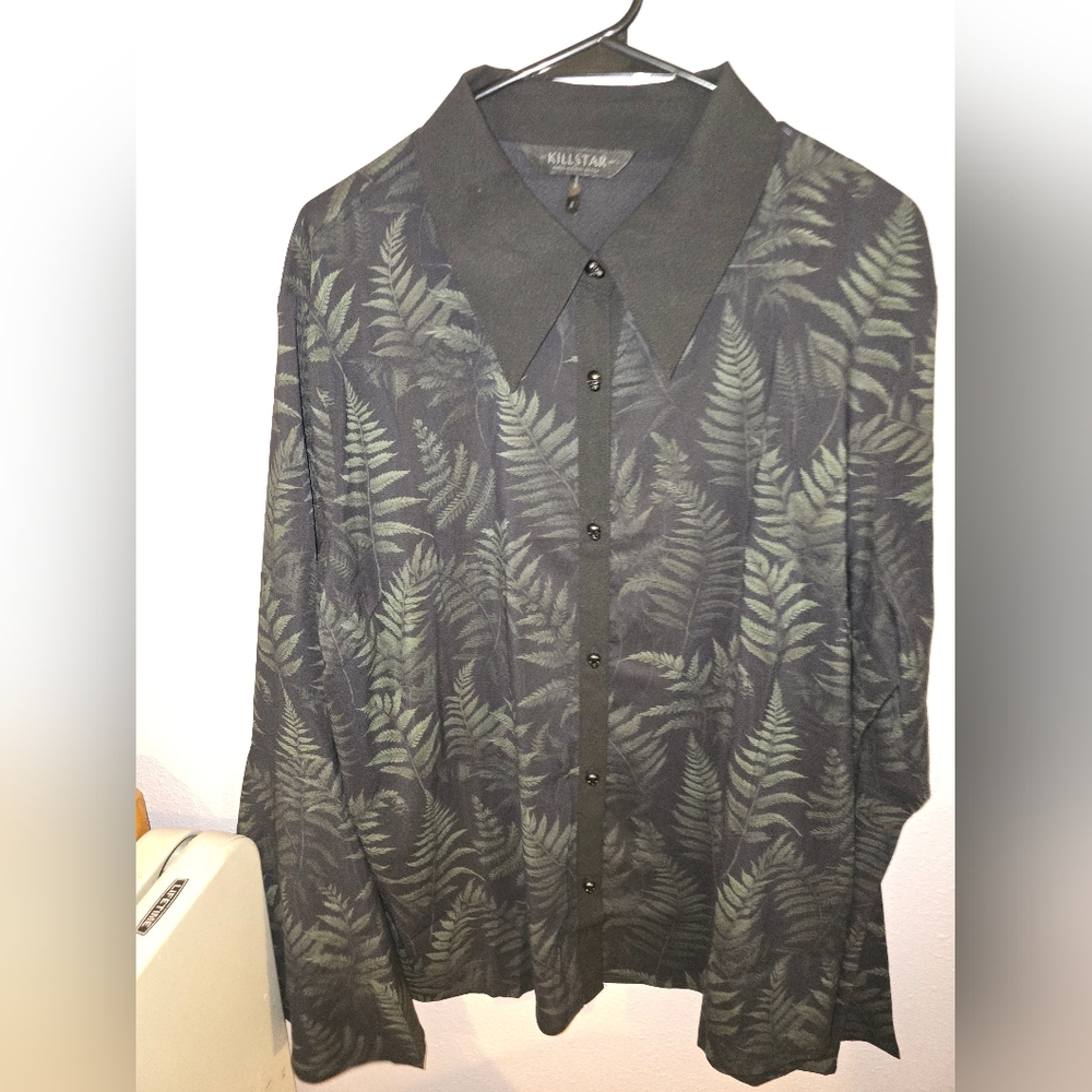 Killstar Black Lightweight Button Up Shirt with Botanical Fern Print